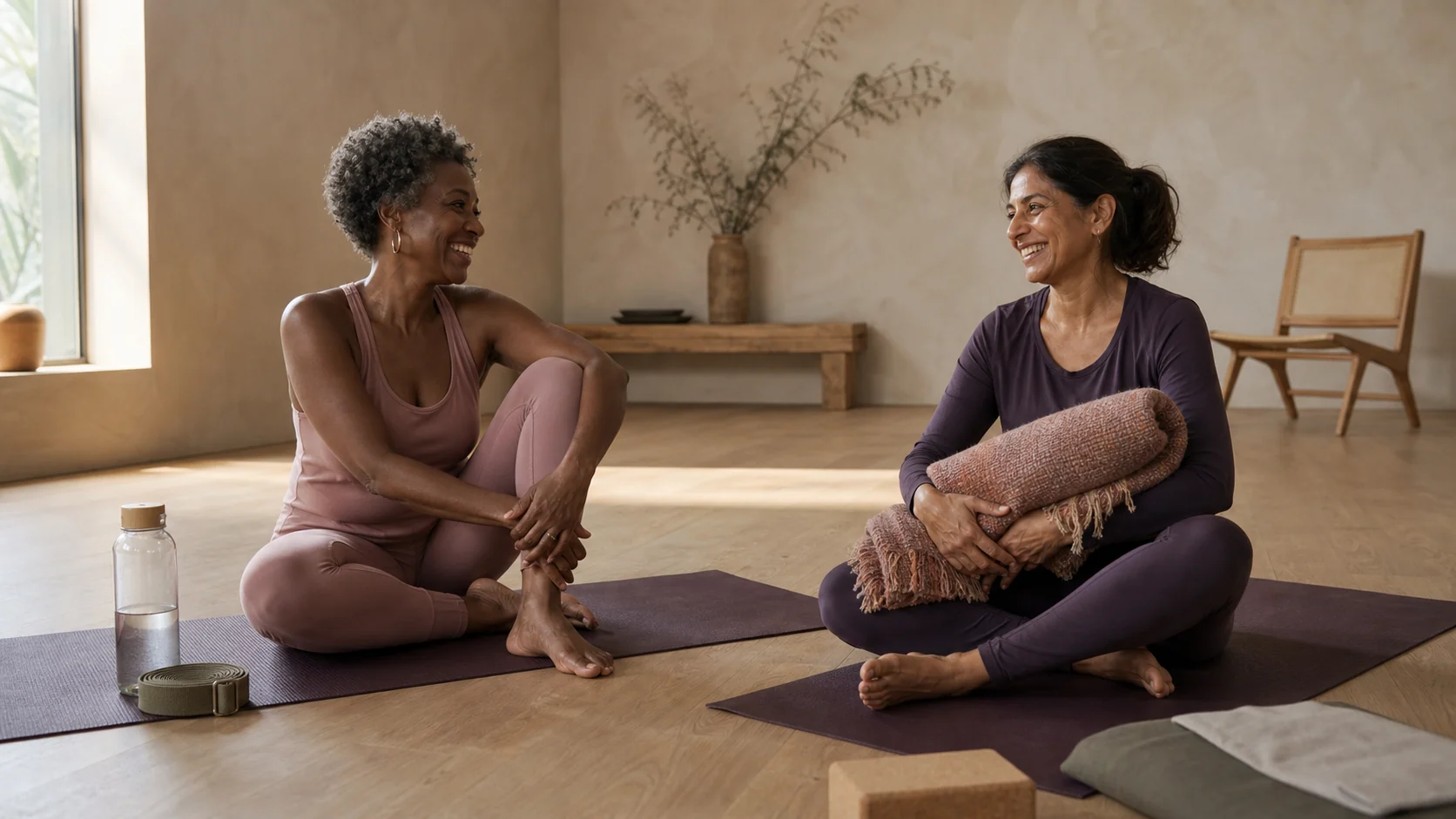 Two women over 40 sharing a relaxed moment after yoga practice